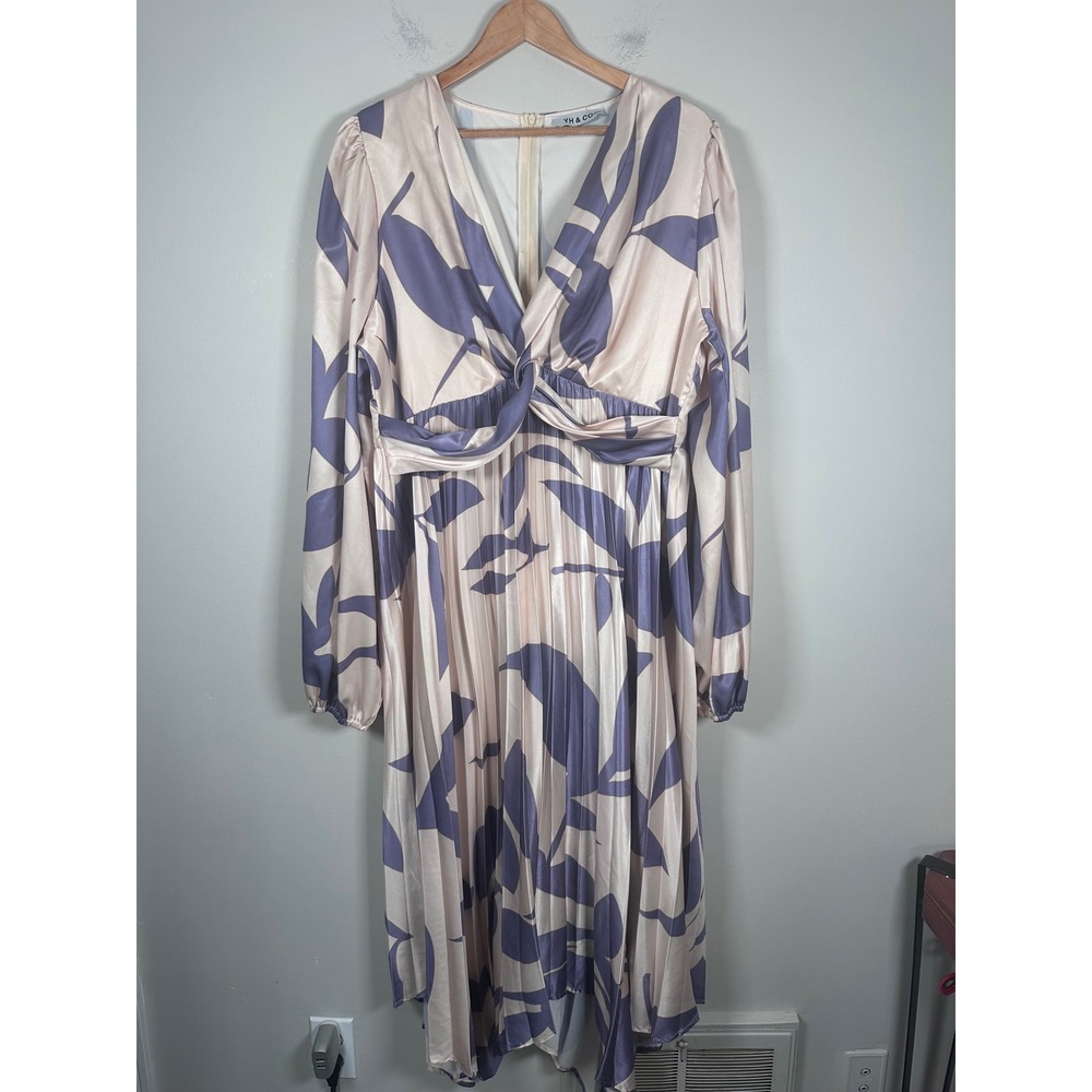 YH & CO Pleated Midi Dress Womens 4XL Purple Champagne Botanical Elegant garden